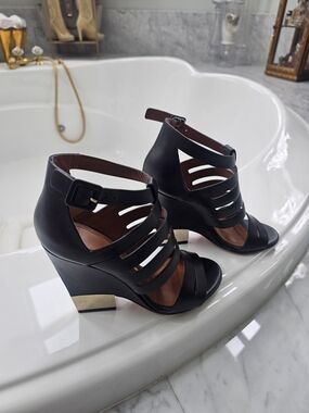 Givenchy Black Strappy Wedge Sandals with Gold Heel Accent